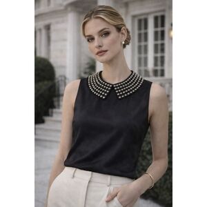 Milly Black Sleeveless Studded Collar Top Zip Back Made in USA Size 0